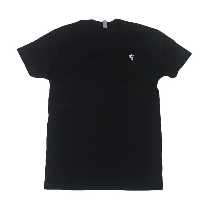 A Trophy Eyes plain black short-sleeve t-shirt with a small white embroidered palm tree logo on the left chest, shown flat on a white background.