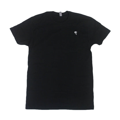 A Trophy Eyes plain black short-sleeve t-shirt with a small white embroidered palm tree logo on the left chest, shown flat on a white background.
