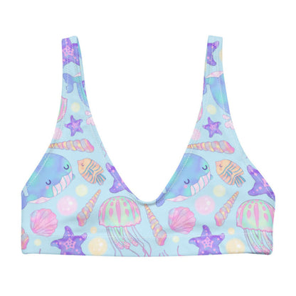 Under the Sea kawaii padded bikini top in blue with blue narwhals and purple starfish