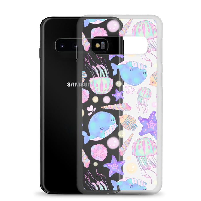 Under the Sea kawaii Samsung clear phone case with purple starfish and wispy pink coral on a clear shell