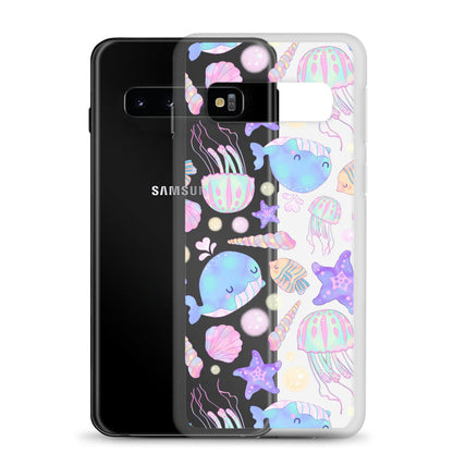 Under the Sea kawaii Samsung clear phone case with purple starfish and wispy pink coral on a clear shell