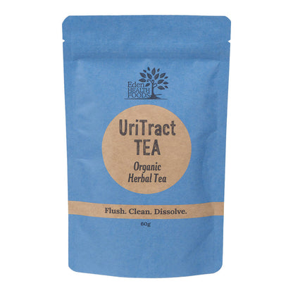 Front view of Eden Healthfoods UriTract Tea 60g packet, featuring a blend of synergistic herbs like juniper berries, corn silk, bearberry, and horsetail, designed to support increased urination and help remove infections and stones from the kidneys and bladder.