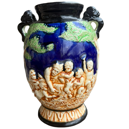 Vintage Japanese Majolica Cherub Vase – Cobalt Blue Relief Putti Pottery, Made in Japan