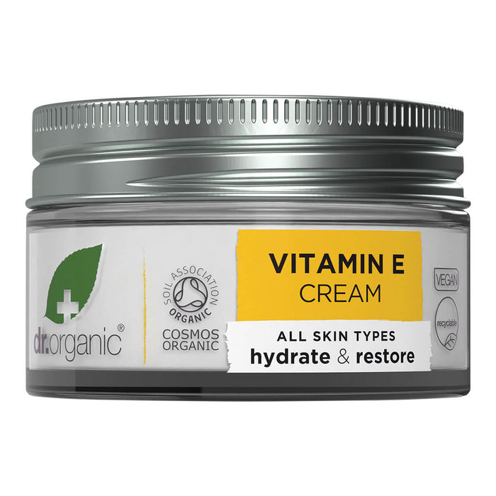 50ml jar Dr. Organic Vitamin E Cream, intensive moisturising and restoring cream.