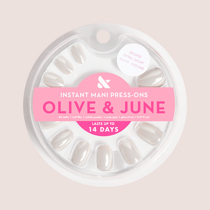White Chrome - Press-On | Extra Short | Round sugar white chrome press-on false nails for easy at home manicure