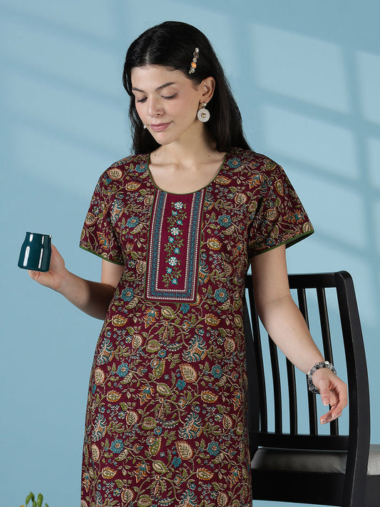 Wine floral printed soft cotton night dress for women