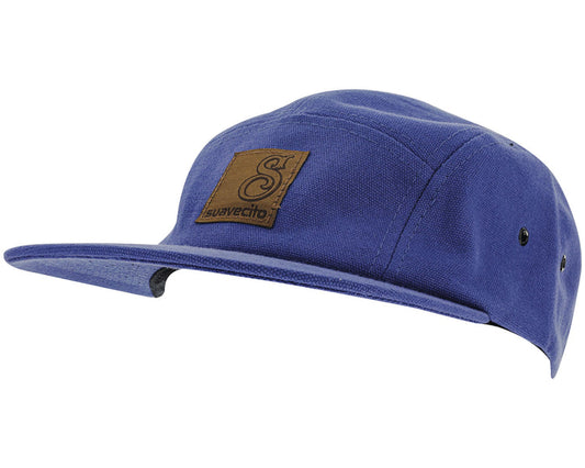 blue suavecito hat with black text and brown background "S suavecito"